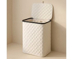 MAZAZU Wasmand met Deksel - 100 Liter - Uitneembare Binnenzak - Bamboe Frame - Crème Wit - Opvouwbare Wasbox - 44x33x69 cm