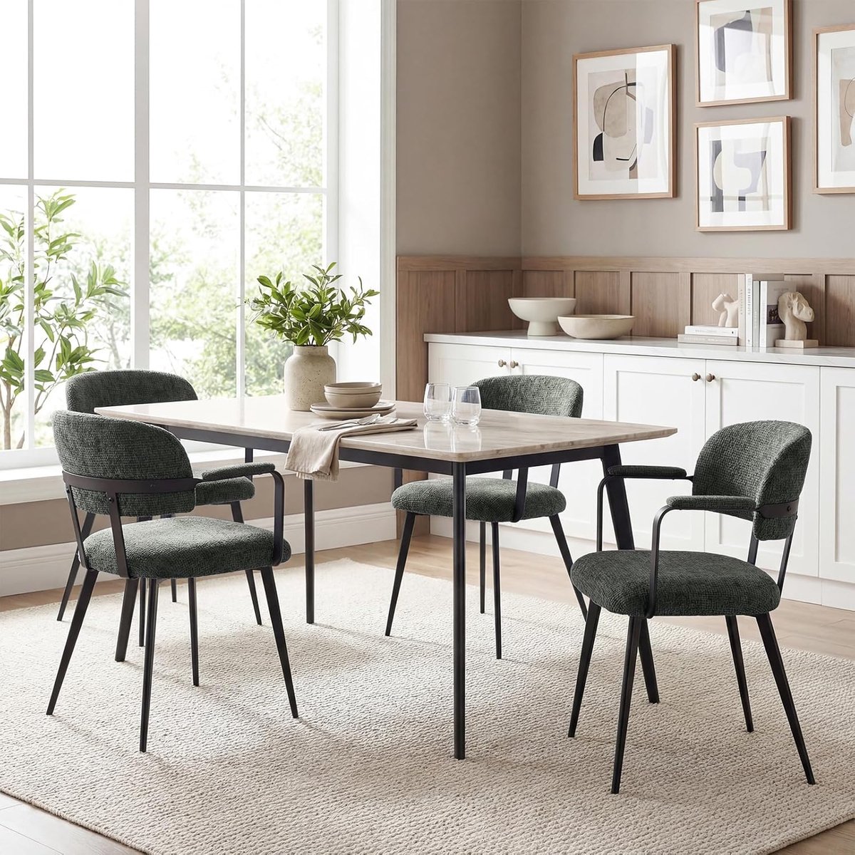 Luxe Chenille Eetkamerstoelen Set van 2 met Armleuningen – Comfortabele Keukenstoelen Groen, 47D x 44B x 77H cm, Metalen Poten en Verstelbare Voetjes