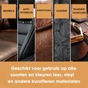 Collage van verschillende lederen producten: meubels, auto-interieurs, handtassen, kleding en paardensportleer. Met de tekst 'Geschikt voor gebruik op alle soorten en kleuren leer, vinyl en andere kunstleren materialen'.