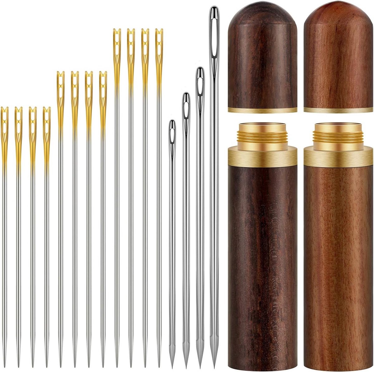 24 Stuks Zelfdraadende Naalden en 4 Stuks Grote Oog Handnaalden met 2 Houten Naaldenkoffers voor Handwerken en Borduren Accessoires