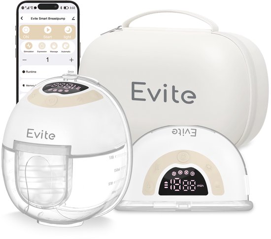 Opstelling van een witte draadloze borstkolf, een app op een smartphone, en een opbergtas. Evite Smart Breastpump.