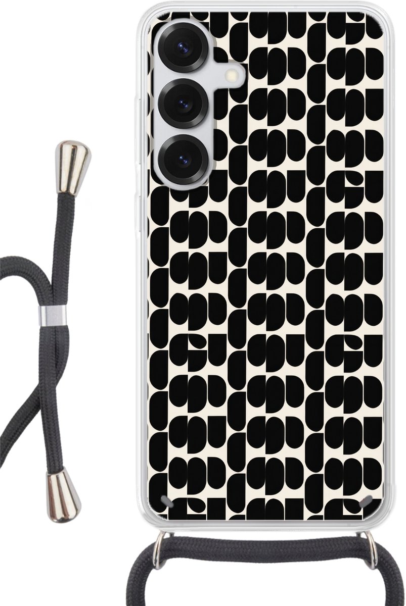 Telefoonhoesje Geschikt voor Samsung Galaxy S25 Plus - Modern - Patroon - Zwart - Siliconen - Crossbody - Backcover met Koord - Telefoonhoesje met koord - Hoesje met touw Telefoonhoesje