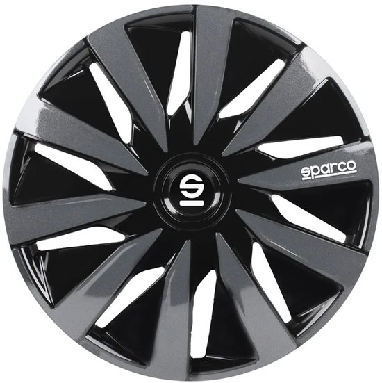 Een 15 inch wieldop met 5 dubbele spaken in zwart en grijs, met een wit Sparco logo in het midden.