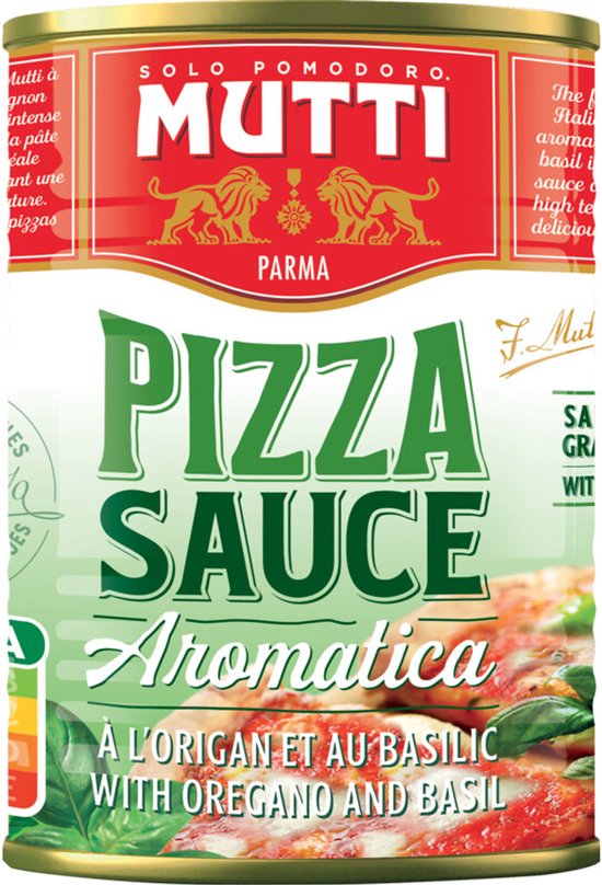 Blik Mutti Pizza Saus Aromatica met oregano en basilicum. Rood met gouden logo, afbeelding van pizza.