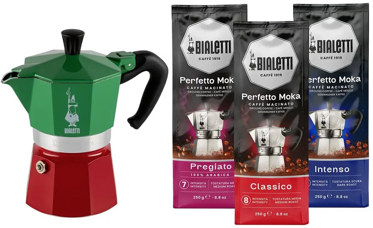 Bialetti Moka Express Italia 3 kops + koffiepakket 3x250gr
