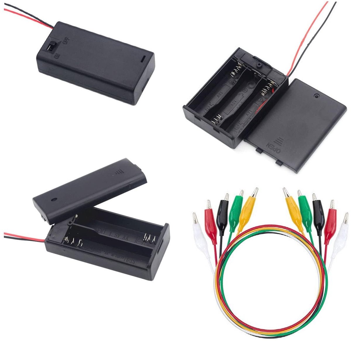 VT Goods - AA-batterijhouderset - Doe-het-zelf projecten - 3-delige set - Met aan/uit-schakelaar - Krokodillenklemmen - 15 cm kabel