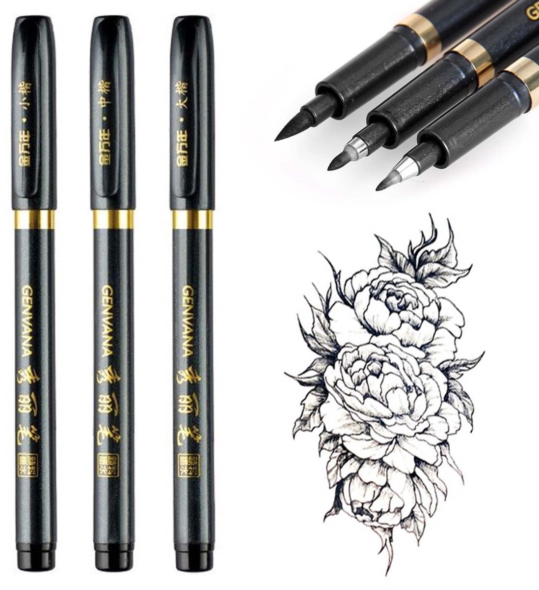 Store_7 - Kalligrafiepen - Japans kalligrafie - Set van 3 pennen - Maat L/M/S - Geschikt voor beginners en ervaren schrijvers - Verbeter je schrijf...