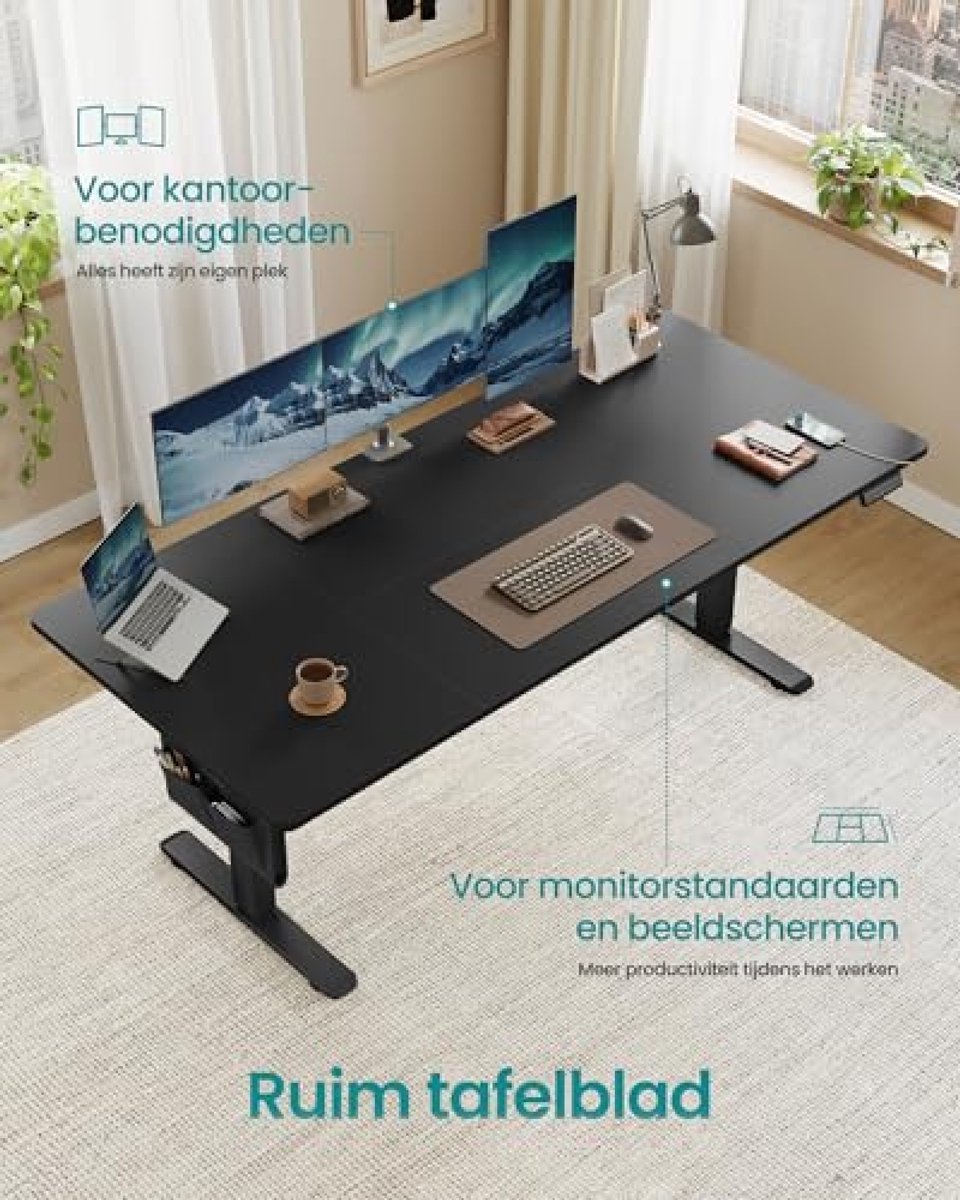 Elektrisch verstelbaar bureau 180x80 cm, zwart, met geheugenfunctie en USB-C lader