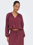 Model draagt een bordeauxrode crop top met pofmouwen en een v-hals met strikdetail.