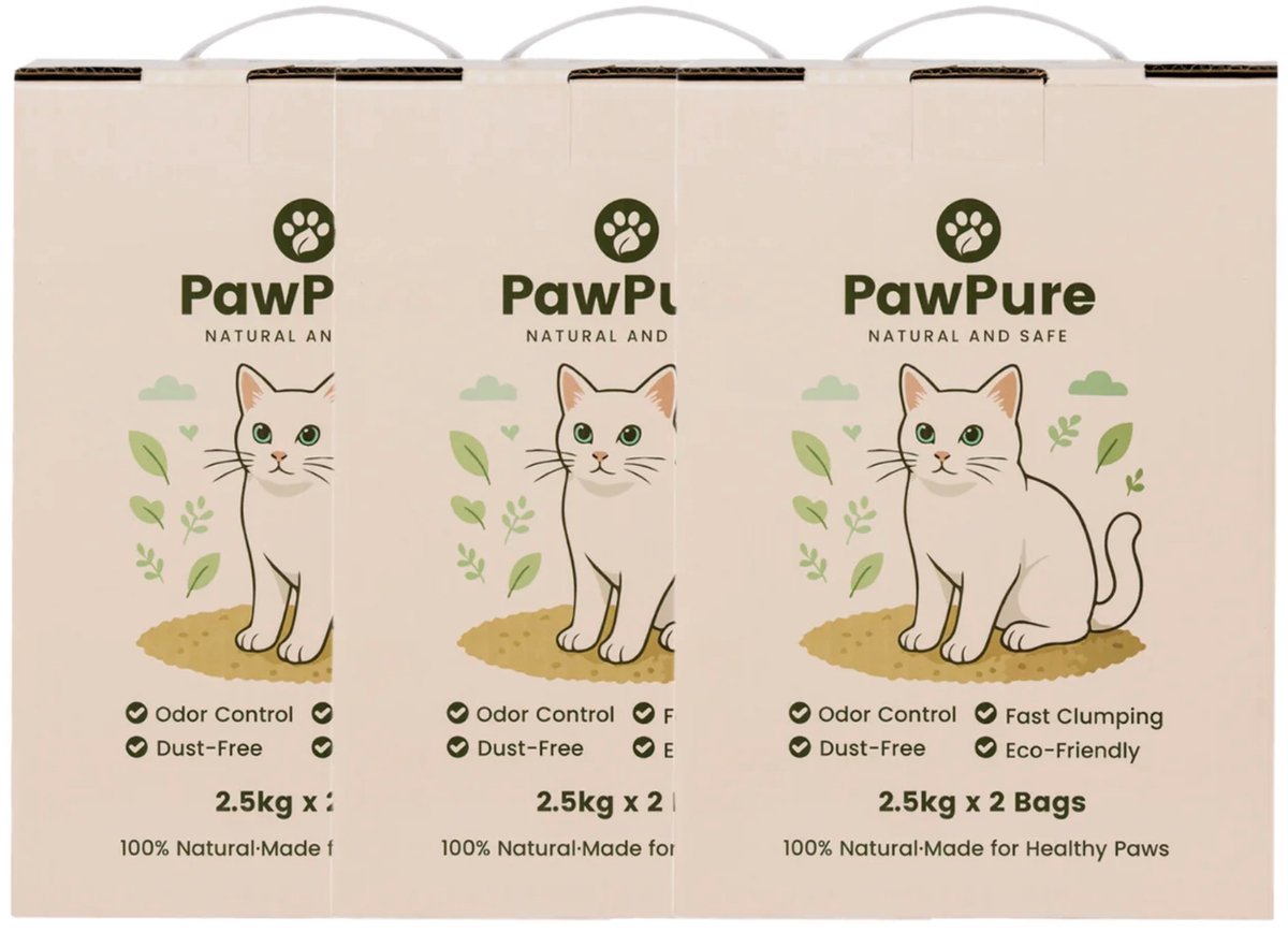 PawPure Kattenbakvulling Tofu & Cassave 15kg (6×2.5kg) - Stofvrij - Snel Klonterend - Sterke Geurcontrole