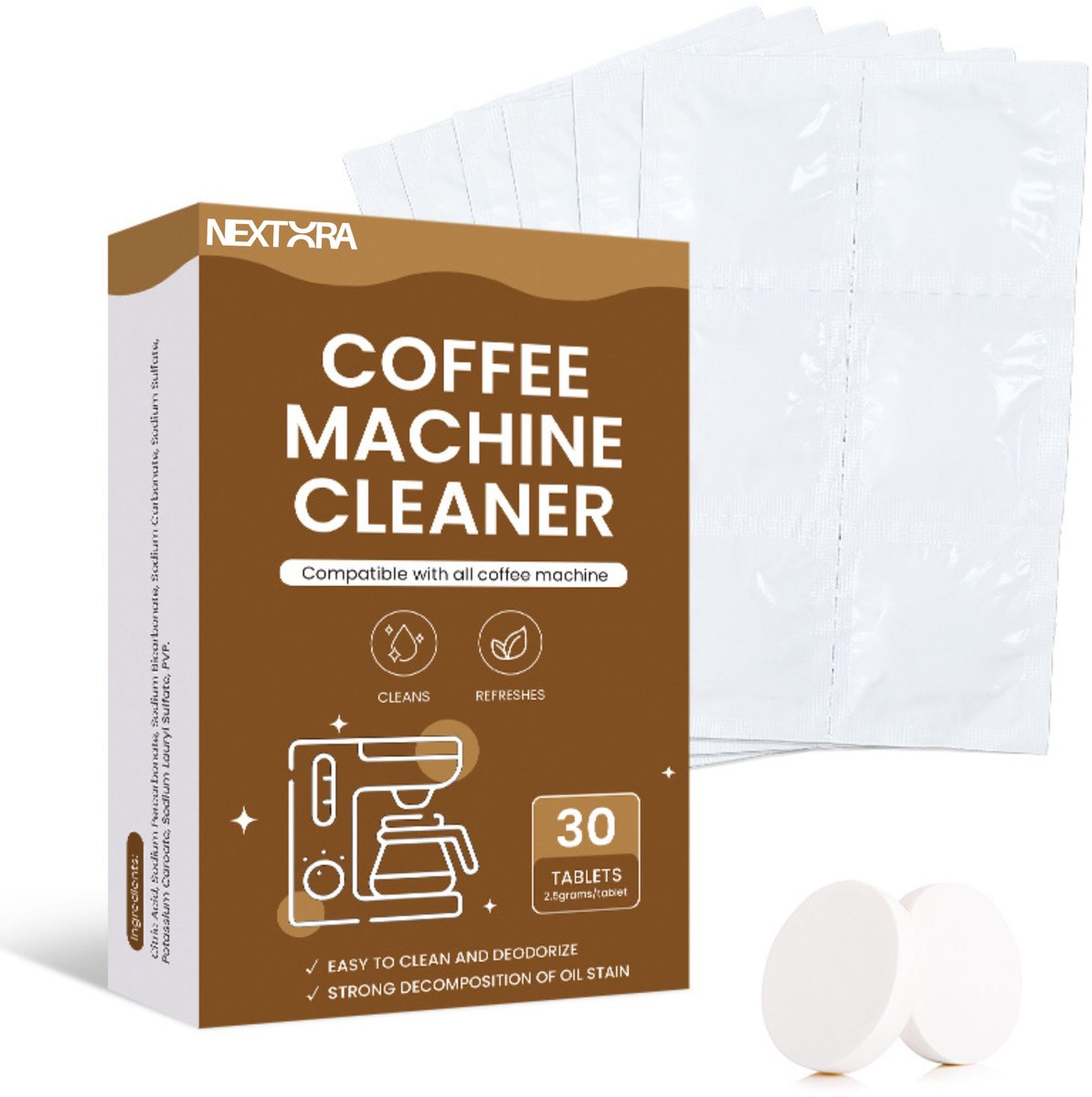 Nextora Ontkalker Koffiemachine - Ontkalkingstabletten - Waterkoker Ontkalker - Ontkalker - Antikalktablet - Geschikt voor o.a. Senseo DeLonghi Dolce Gusto Nespresso Miele Philips Siemens - Universeel