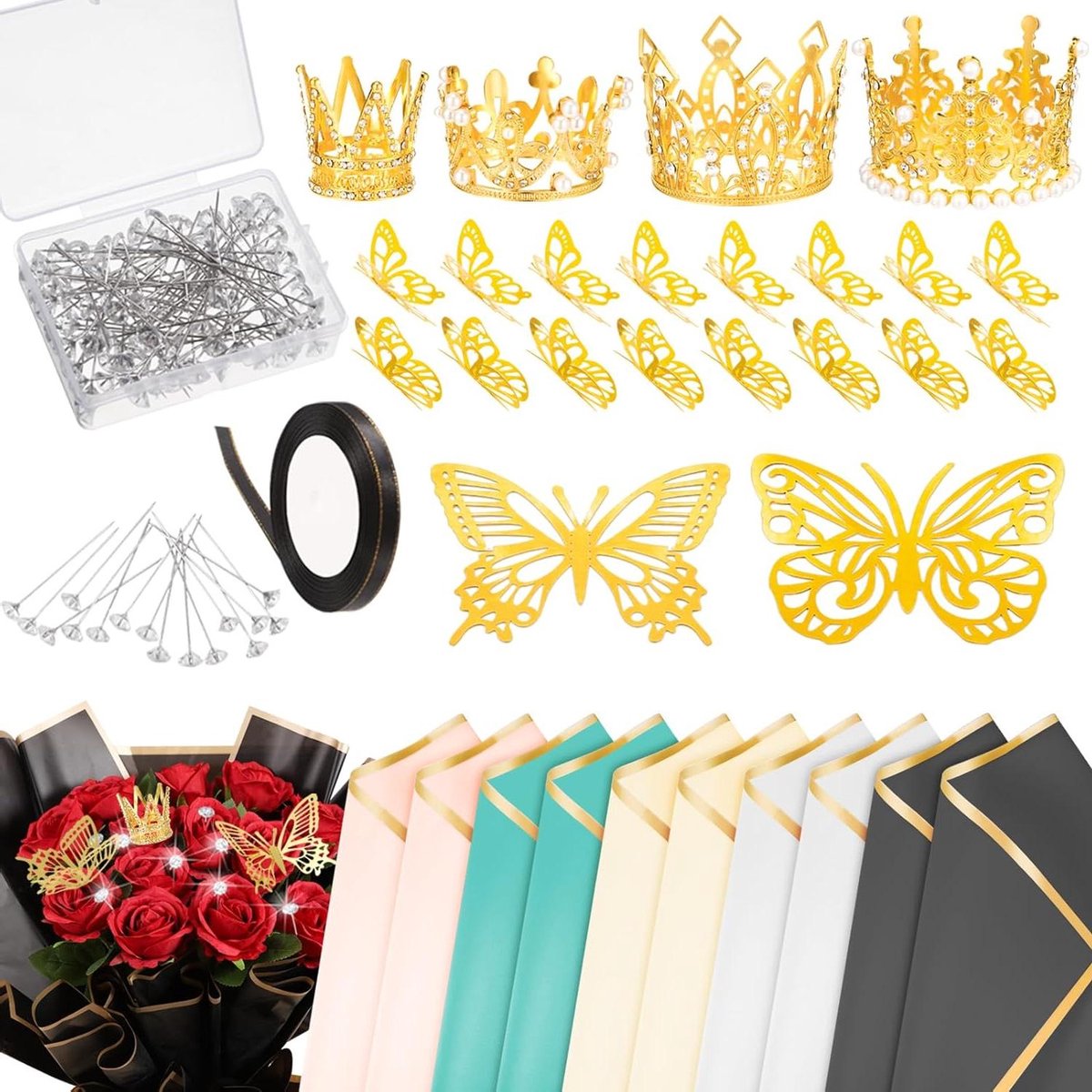 163 stuks bloemen boeket accessoires, inbegrepen bloem inpakpapier diamant hoofd rechte pinnen mini kroon taart toppers vlinder muur decor lint voor verjaardag bruiloft partij decoratie