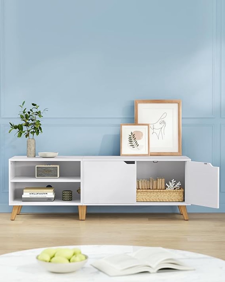 LumiVera Snow 160 cm TV Meubel met 2 Deuren en Open Vakken – Moderne Witte TV Kast voor TV’s tot 65 Inch (160 x 40 x 50 cm) – Casa Dorada