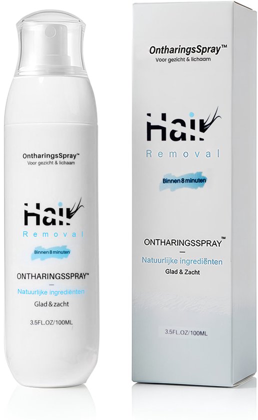 Witte fles en doosje voor ontharingsspray. Fles heeft tekst 'Hair Removal' en 'Binnen 8 minuten glad & zacht'.
