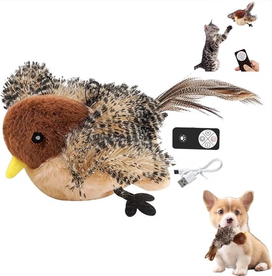 Interactief flapperend vogel speelgoed met afstandsbediening, USB-kabel. Een kat speelt met de vogel, een Corgi houdt de vogel vast.