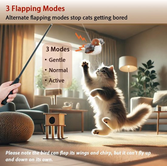 Een kat die opspringt naar een flapperend vogel speelgoed. De afbeelding toont 3 flapperende modi: zacht, normaal en actief.