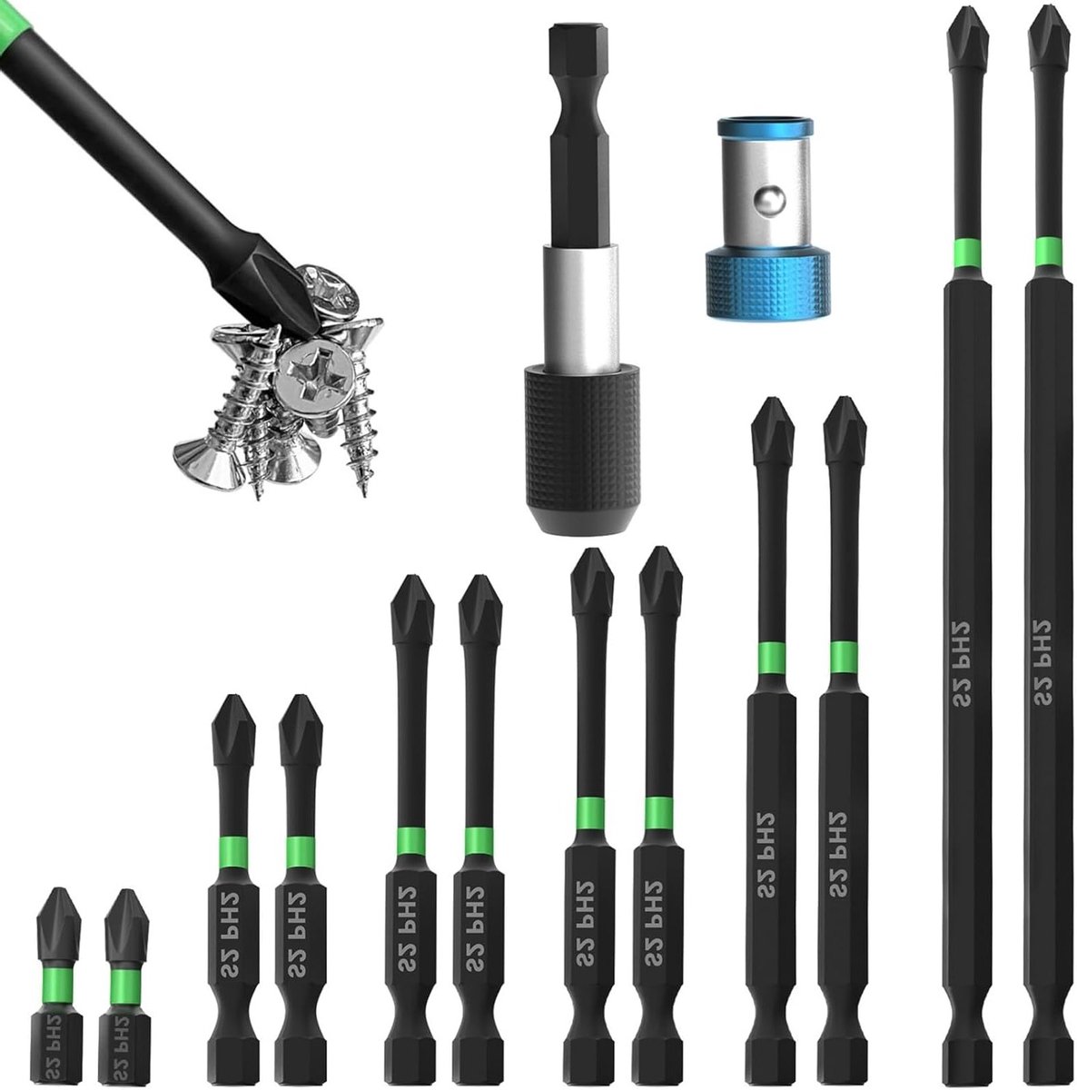 Set van Magnetische Schroevendraaier Bits, 25-150 mm, Phillips #2, Impact Bits, Snelle Verwisseling, 1/4 Inch Hex Shank, Perfect voor Klussen en Doe-Het-Zelf Projecten