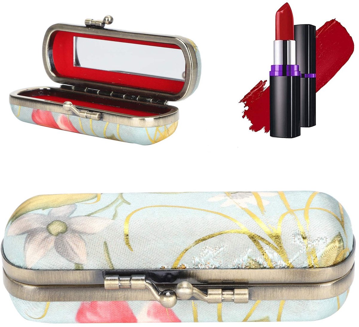 Store_7 - Dames Lippenstift Etui - Bloemen Motief - Vintage Borduurpatroon - Draagbaar - Make-up Houder - Cosmetische Geschenkdoos - Met Spiegel