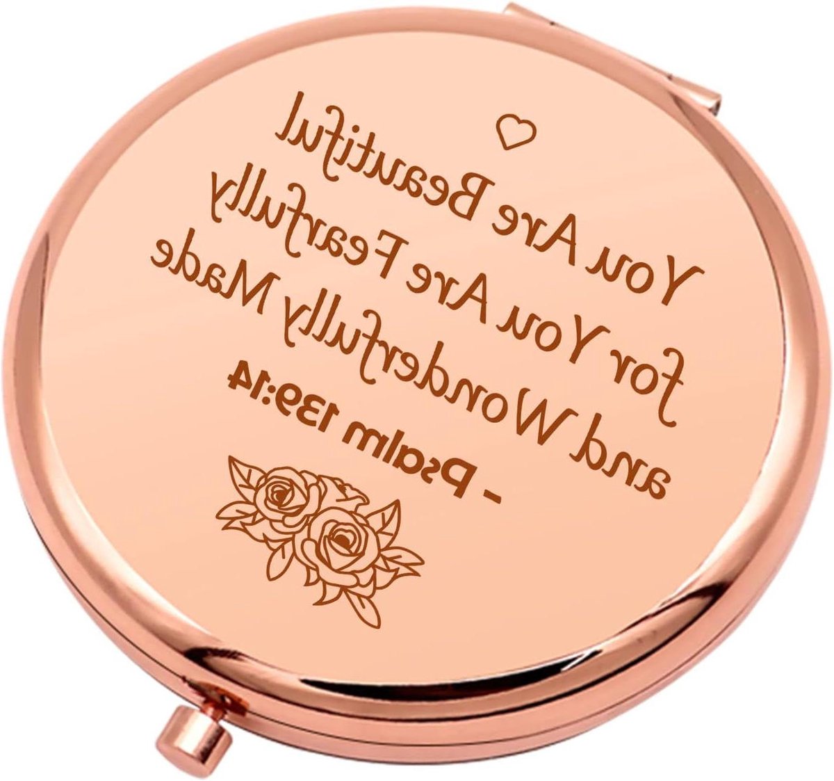 Compacte Make-up Spiegel - Zakspiegel Reisspiegel - Make-up Aanbrengen - Met Bijbelvers Gravure - 65 mm - Roségoud