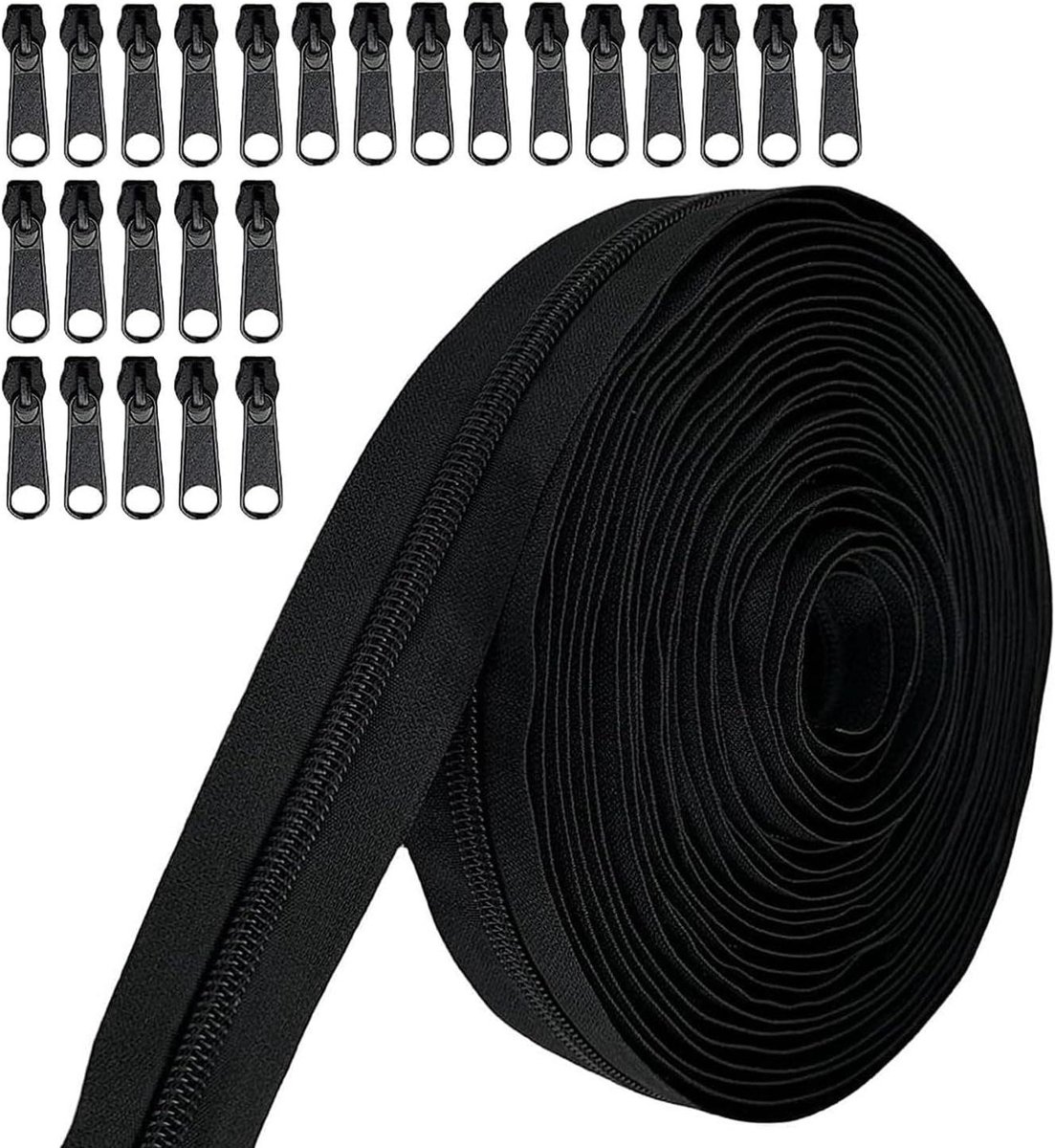 Nylon Rits Spoel - Rits Vervanging - DIY Naaien - Met 25 Schuifregelaars - 10 Meter - Zwart