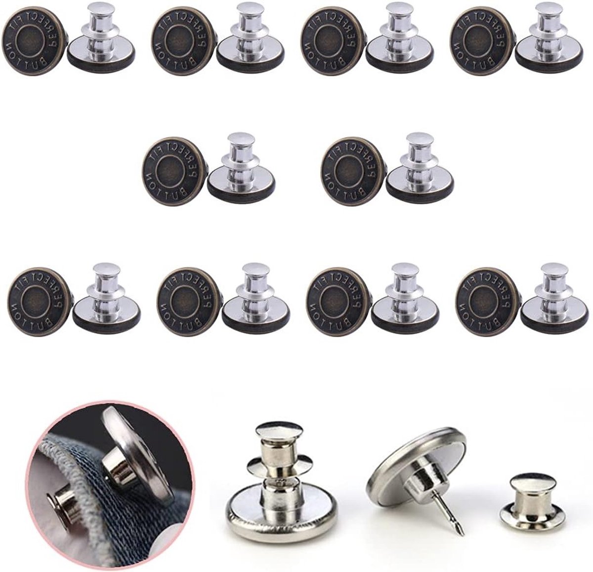 Verwijderbare Jeans Knopen, 10 Stuks, 17mm Maat, Vervangbare Knopen voor Jeans, Geen Naaiwerk, Verstelbare Knopen voor Kledingherstel