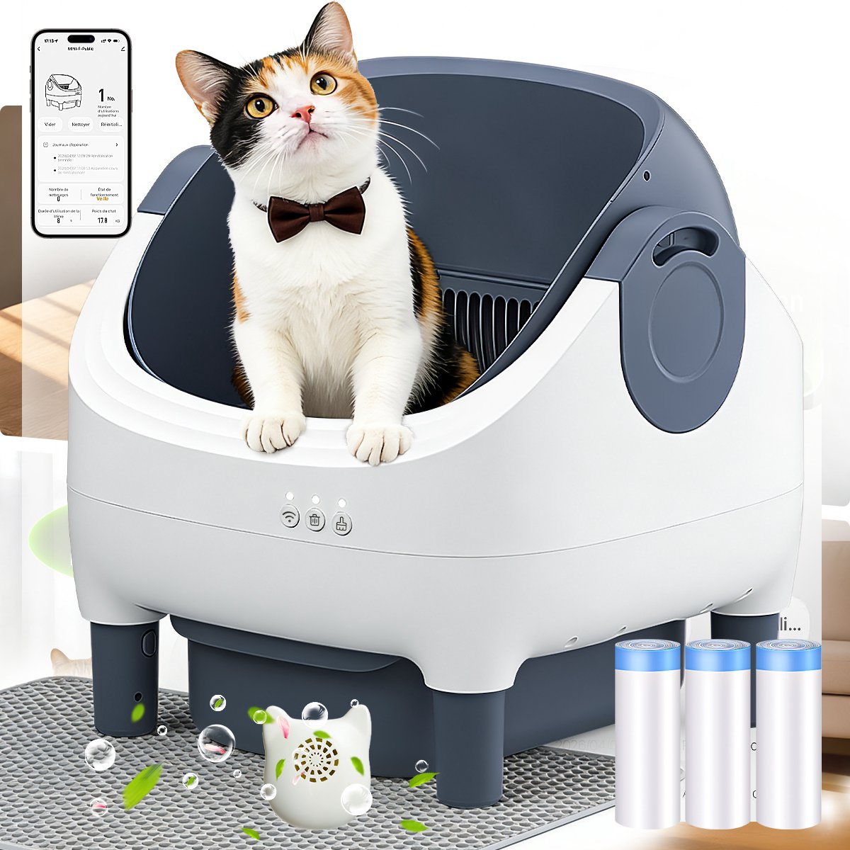 Automatische Kattenbak XXL- 76L - Zelfreinigend – Electrische Kattenbak - Bedienen via App - incl stekkeradapter en 3 rollen opvangzakjes - Incl. Kattenbakmat
