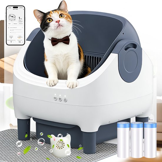 Automatische Kattenbak XXL- 76L - Zelfreinigend – Electrische Kattenbak - Bedienen via App - incl stekkeradapter en 3 rollen opvangzakjes - Incl. Kattenbakmat