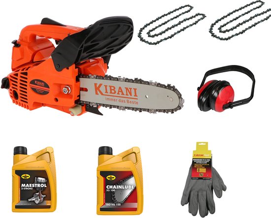 Kibani Kettingzaag Benzine - 25.4 cc / 1 pk 2-takt Motor - Extra Ketting, Gehoorbeschermer, Beschermbril, handschoen, kettingolie en 2T olie - Zwaardlengte 25 cm / 10 inch – Easy-Startsysteem - snoeizaag