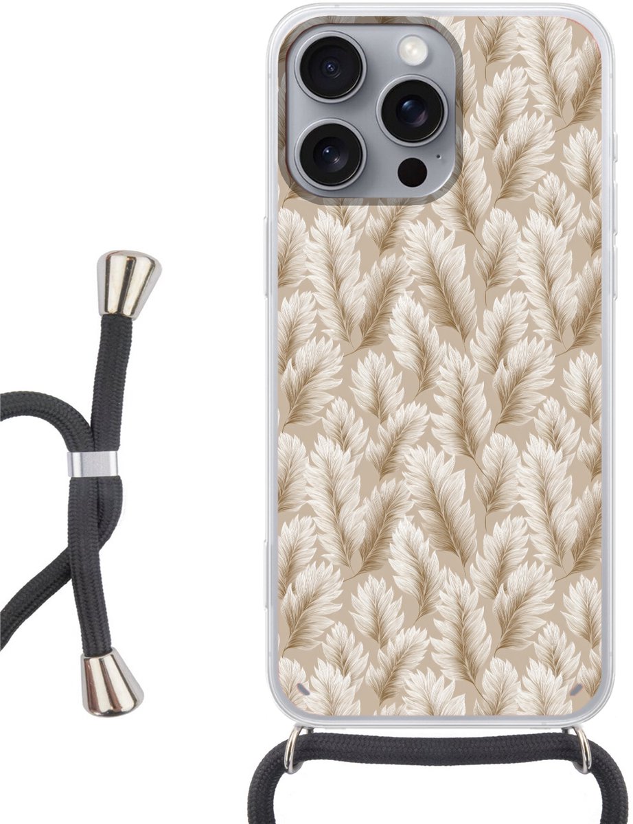Telefoonhoesje Geschikt voor iPhone 16 Pro Max - Botanisch - Patroon - Beige - Siliconen - Crossbody - Backcover met Koord - Telefoonhoesje met koord - Hoesje met touw Telefoonhoesje