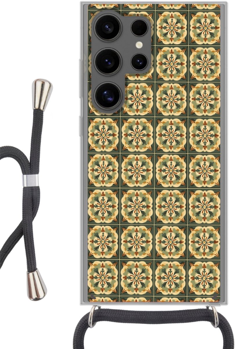 Telefoonhoesje Geschikt voor Samsung Galaxy S24 Ultra - Ornament - Patroon - Groen - Siliconen - Crossbody - Backcover met Koord - Telefoonhoesje met koord - Hoesje met touw Telefoonhoesje