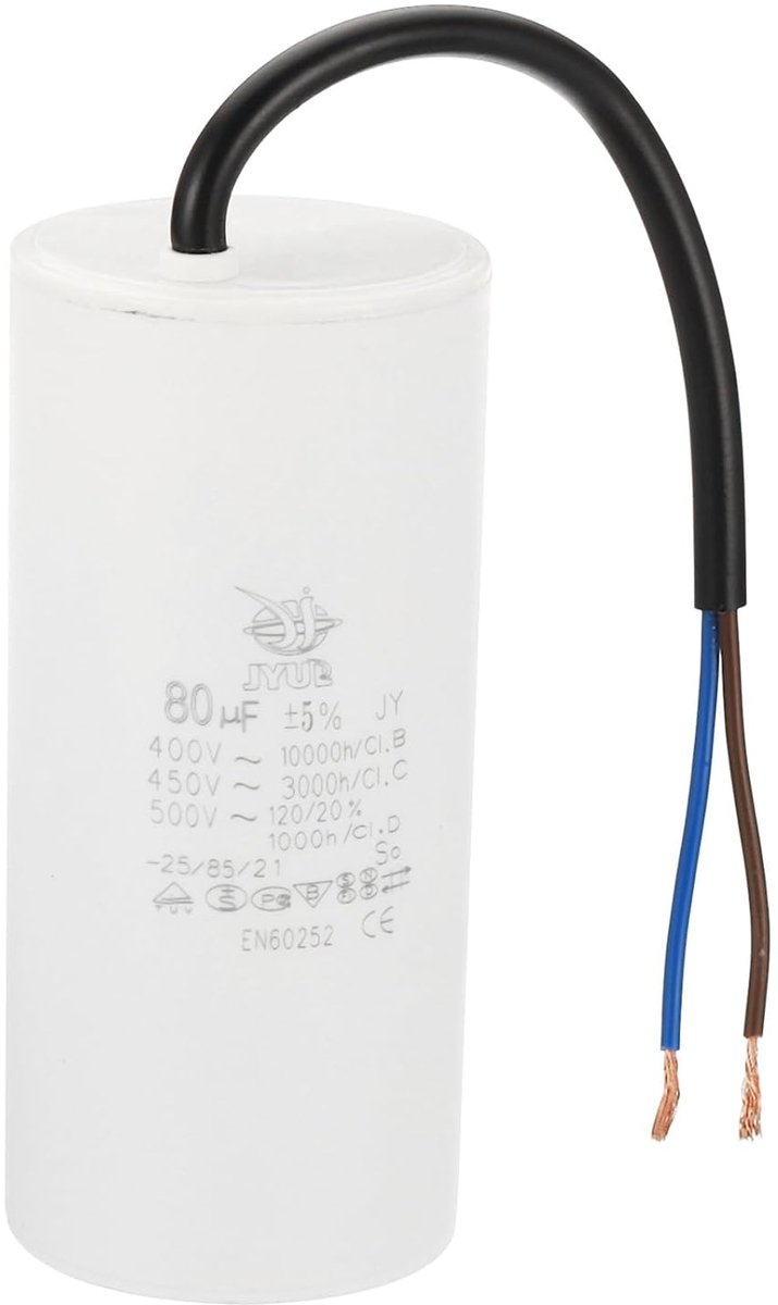 CBB60 80 UF Capacitor Functie - 1 Stuk - AC 450 V - 2 Draden - 50/60 Hz - Cilinder 120 x 54 mm - Voor Waterpompen - Wasmachines - Motorstarter