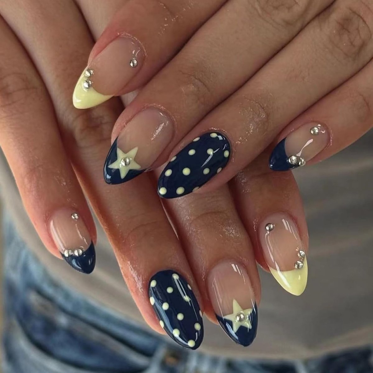 OLOEY Blauw Geel Flexibel ABS dagelijks dragen kunstmatige nagels avond feest blauw geel parasol nep nagels