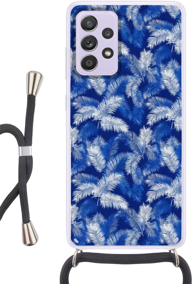 Telefoonhoesje Geschikt voor Samsung Galaxy A53 5G - Palmblad - Patroon - Blauw - Siliconen - Crossbody - Backcover met Koord - Telefoonhoesje met koord - Hoesje met touw Telefoonhoesje