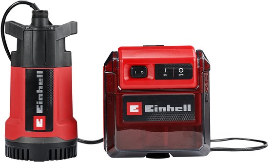Een rode en zwarte Einhell dompelpomp met een zwarte kabel, naast een rood-transparante Einhell accu.
