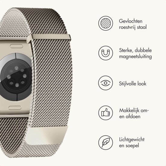 Goudkleurige Apple Watch met een Milanese bandje. Iconen met tekst: "Gevlochten roestvrij staal", "Sterke, dubbele magneetsluiting", "Stijlvolle look", "Makkelijk om- en afdoen", "Lichtgewicht en soepel".