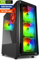 Zwarte game-pc met RTX 4060, 1000 GB SSD, 32 GB RAM en RGB-ventilatoren.