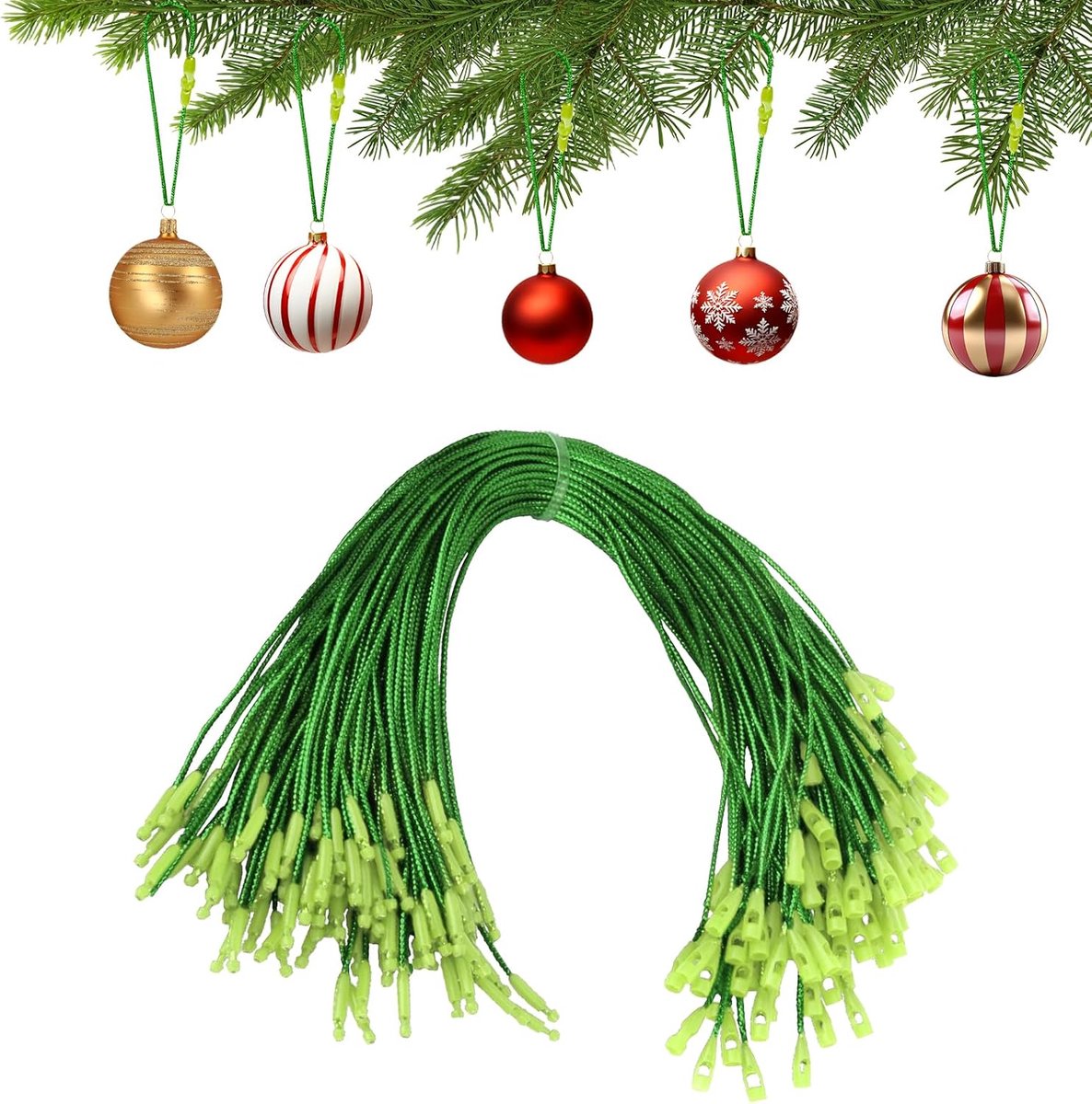 100 Pcs Christmas Tree Hooks - Pre-Cut Hanging Ropes - Snap Fastener Baubles Hangers - Xmas Decorations Hooks - Xmas Baubles Hooks voor Feestdagen
