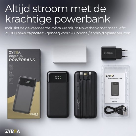 Zwarte Zybra powerbank met digitaal display, opgeladen. Inclusief USB-kabel, oplader en handleiding.
