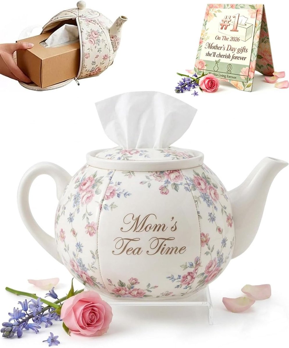 Luxe Tissue Box Theepot Vorm - Decoratieve Tissueboxhoes met Bloemenprint - Tissuehouder - Tissuedoos - Landelijke Stijl - Uniek Cadeau voor Moederdag & Verjaardag - Voor Kaptafel en Nachtkastje - Wit