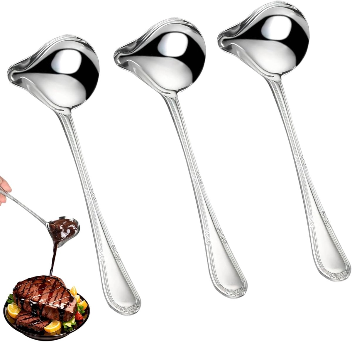 3 stuks roestvrijstalen sauslepels - sauslepel met tuit - vaatwasmachinebestendig - roestvrijstalen keukengerei - soeplepel zilver voor dressings - soep sauzen - saus