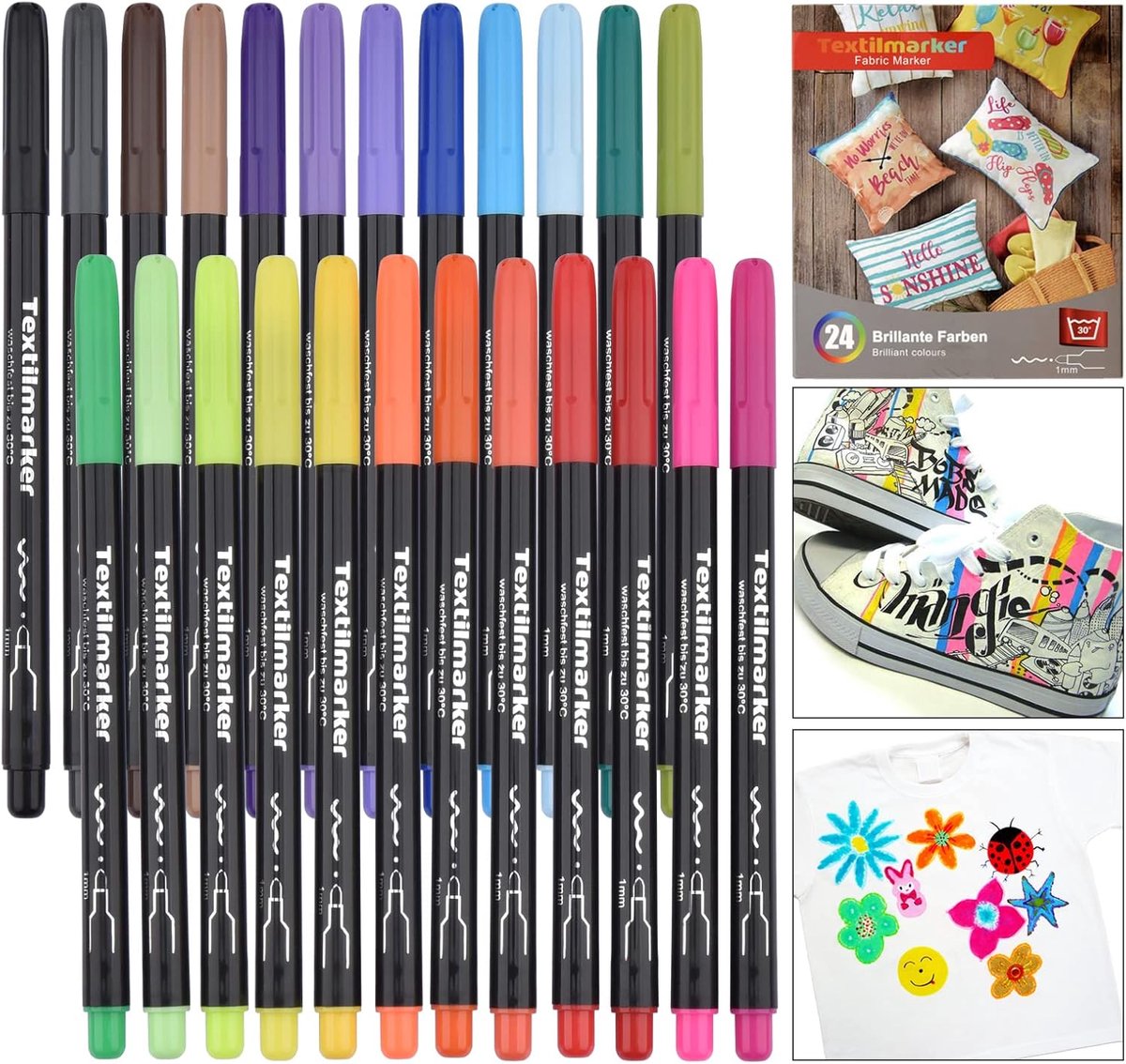 Wasbare textielmarker - 24 waterdichte textielstiften - felle kleuren - permanente markeringen voor schoenen - T-shirts - tassen - stoffen tassen en diverse soorten
