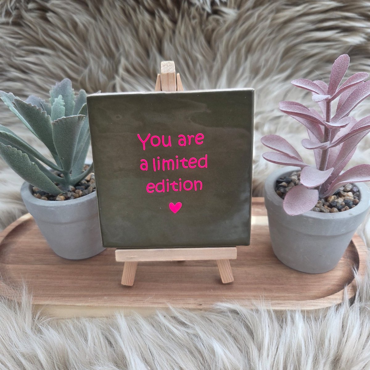 CreaCraft Robuust Wenstegeltje "You Are a Limited Edition" – Tegeltjes met tekst - Cadeau voor Vriendin, Zus of Collega – Afscheid - Pensioen – Incl Standaard – Cadeau - CreaCraft Olijfgroen/Fel roze