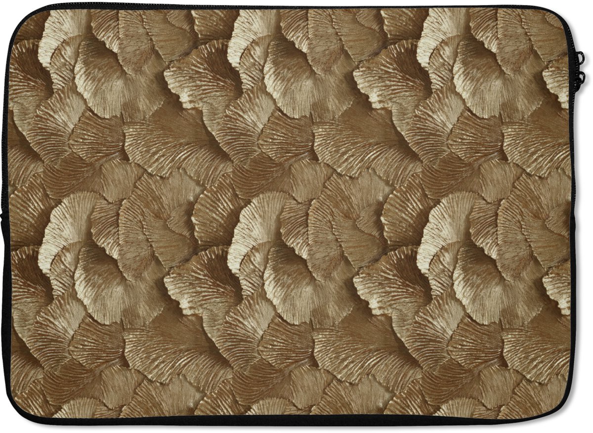 Laptophoes 14 inch - Organisch - Patroon - Bladeren - Goud - Laptop sleeve - Binnenmaat 33x23 cm - Zwarte achterkant
