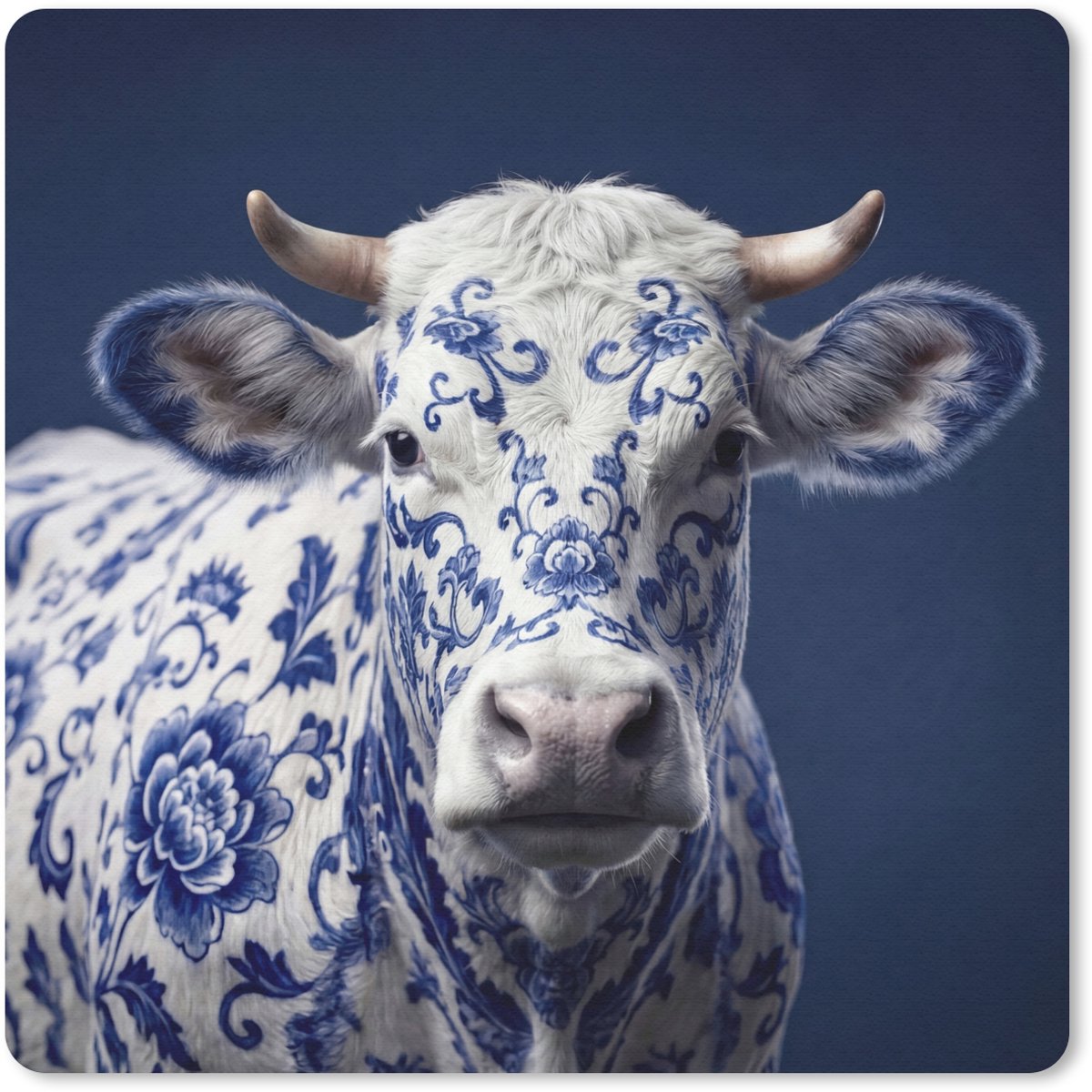 Muismat 20x20 cm - Mousepad Koe - Delfts - Blauw - Artistiek - Muismatten