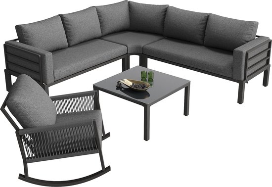 Tuinmeubelset - met hoekbank - schommelstoel en glazen tafel - gevlochten van touw - met kussens - geschikt voor terras en tuin