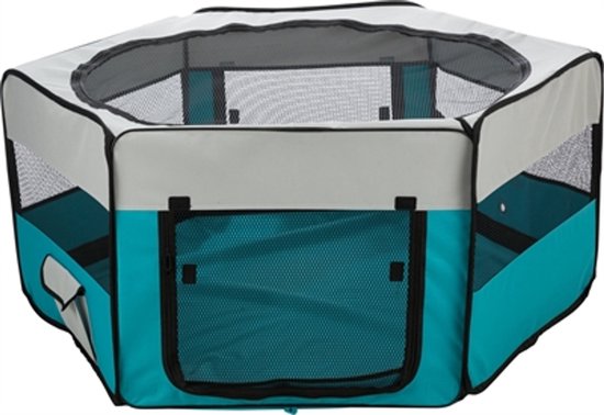 Turquoise en grijze speelren met gaaspanelen en een opening aan de voorkant.