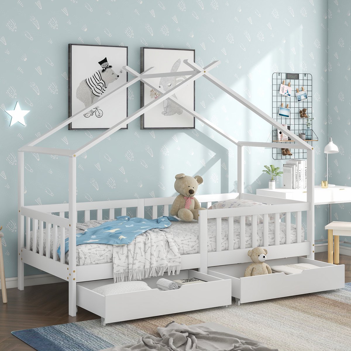 FloraGrace Huisbed 90x200 cm - Kinderbed Met Veiligheidshek en 2 Laden - Met Lattenbodem - Zonder Matras - Massief Hout - Wit