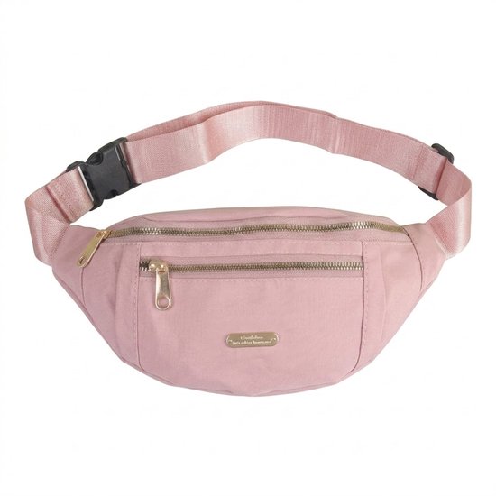 Sac banane rose avec sangle réglable, boucle noire et trois poches zippées dorées.