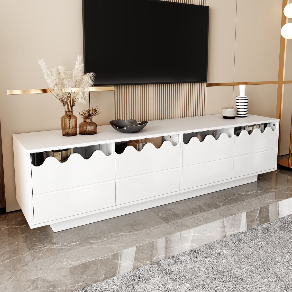 MIVRAY TV Meubel - Golvend Front Design Met 4 Deuren - Ruime Opbergruimte Voor Woonkamer En Kantoor - MDF Spaanplaat - 170x40x45 Cm - Wit