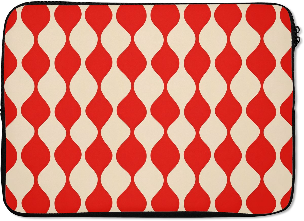 Laptophoes 14 inch - Golvend patroon - Retro - Rood - Beige - Laptop sleeve - Binnenmaat 33x23 cm - Zwarte achterkant